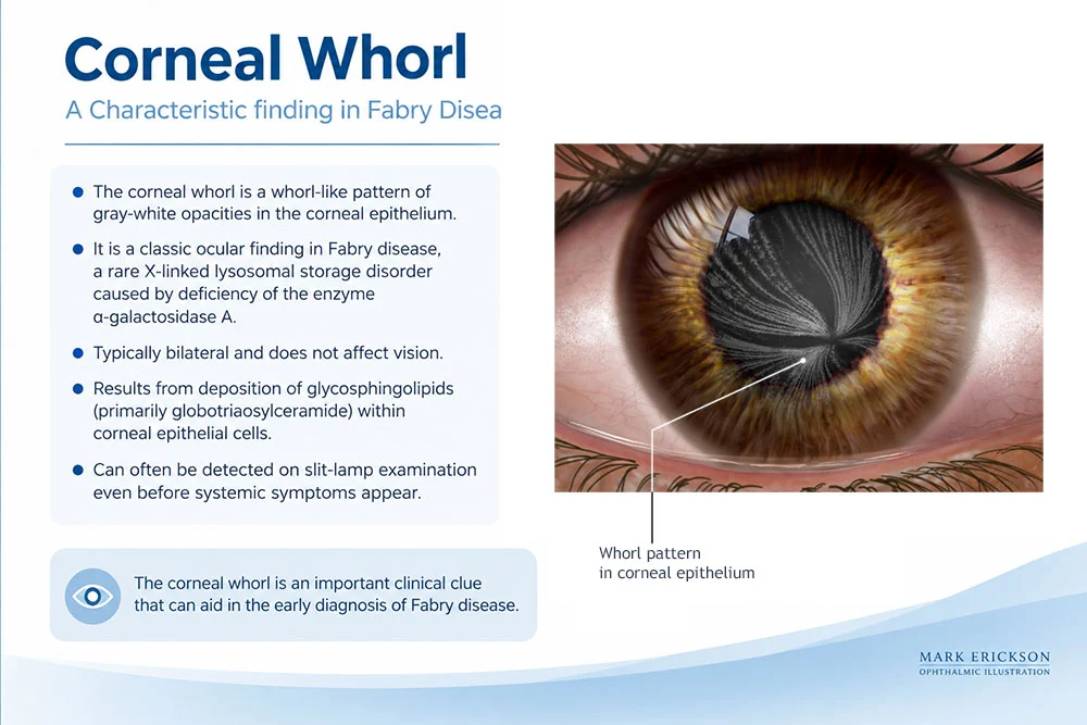 Corneal verticillata medical illustration for slide presentations cornea verticillata Powerpoint slide on corneal whorl, fabry's disease, Cornea verticillata