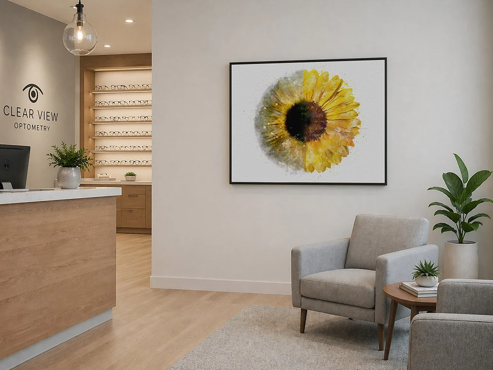 Sunflower iris art print for optometry and ophthalmology offices sunflower iris Optometry waiting room premium art